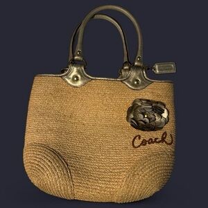 VINTAGE Coach Straw Tote Bag Gold Leather Handles Summer Bag